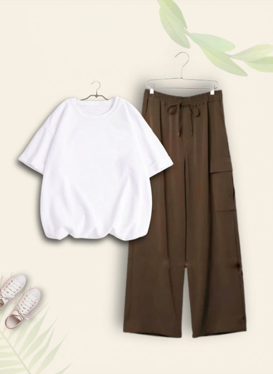PLAIN WHITE TSHIRT WITH BROWN CARGO TROUSER