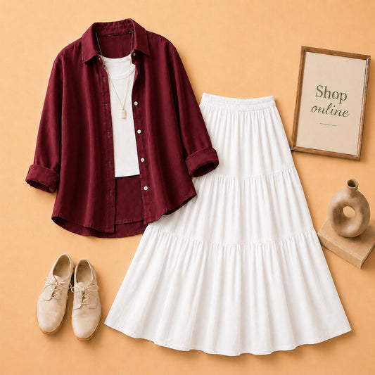 MAROON BUTTON SHIRT WITH WHITE TANKTOP AND WHITE 3 TIER SKIRT