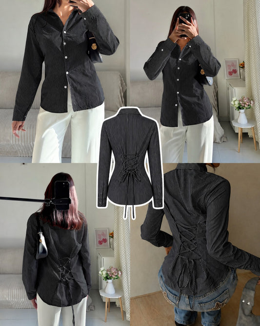 BLACK STRIPED FITTED BUTTON SHIRT ( CORSET BACK)