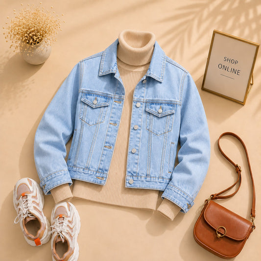 ICE BLUE DENIM JACKET WITH BEIGE HINECK
