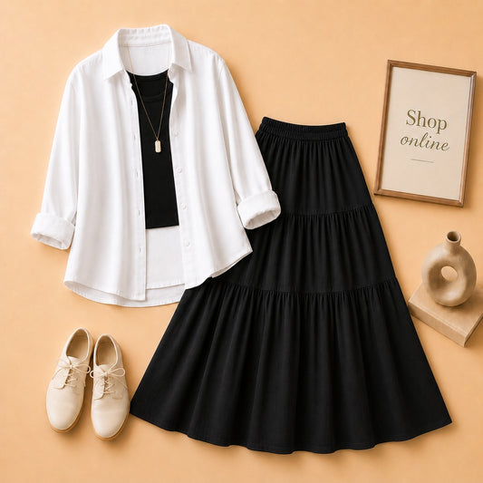 WHITE BUTTON SHIRT WITH BLACK TANKTOP AND BLACK 3 TIER SKIRT