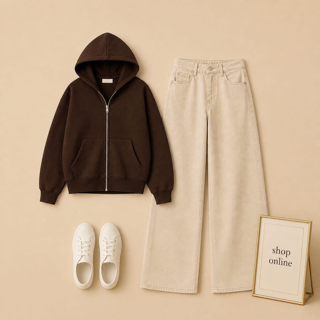 BROWN ZIPPER HOODIE WITH BEIGE WIDE LEG JEANS