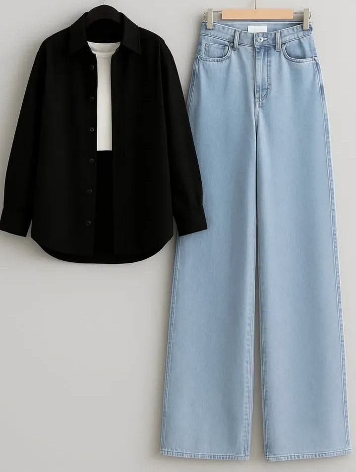 BLACK BUTTON SHIRT WITH WHITE TANKTOP AND ICE BLUE WIDE LEG JEANS (3PCS)