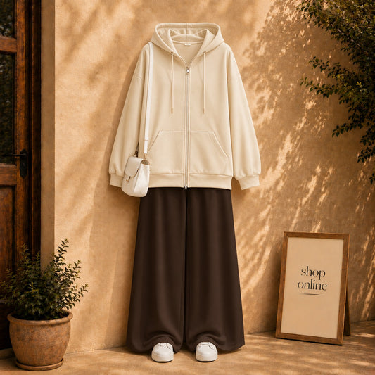 BEIGE ZIPPER HOODIE WITH BROWN FLAPPER