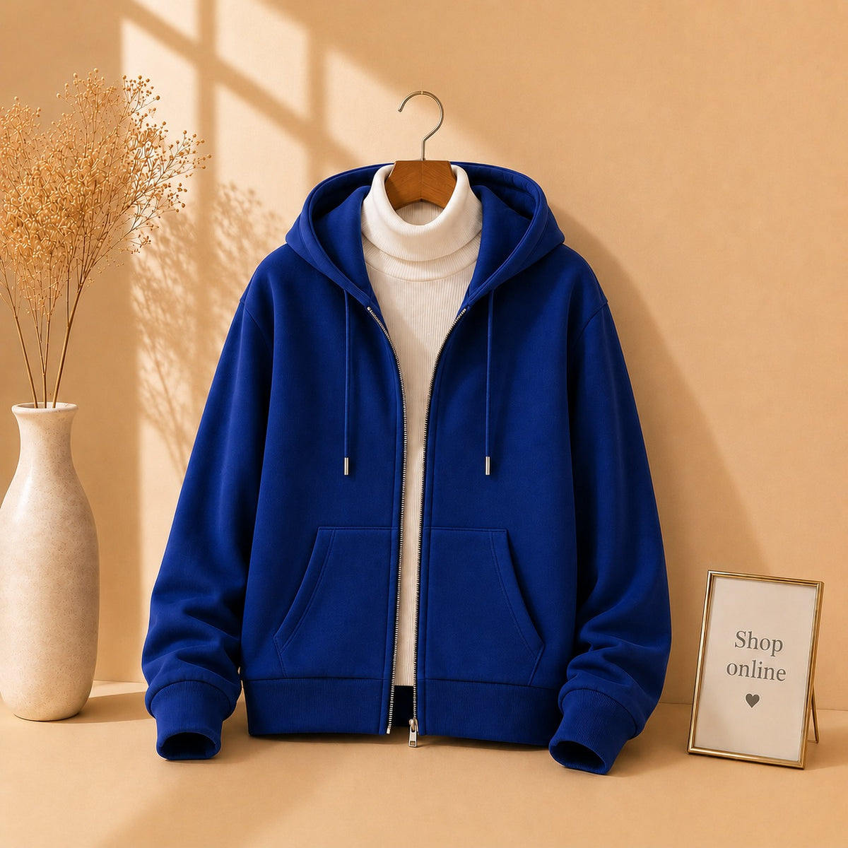 ROYAL BLUE ZIPPER HOODIE WITH WHITE HINECK
