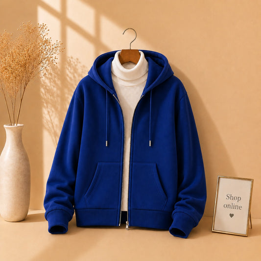 ROYAL BLUE ZIPPER HOODIE WITH WHITE HINECK