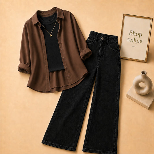 BROWN BUTTON SHIRT WITH BLACK TANKTOP AND BLACK WIDE LEG JEANS (3PCS)