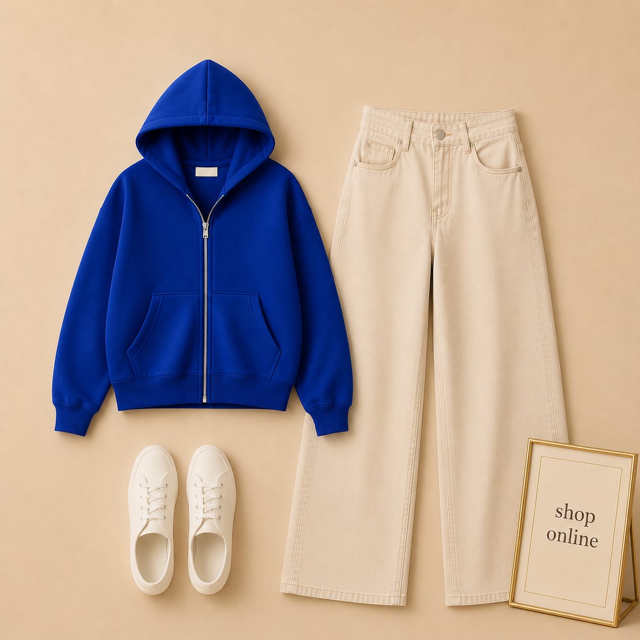 ROYAL BLUE ZIPPER HOODIE WITH BEIGE WIDE LEG JEANS