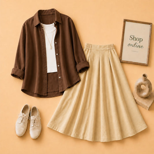 BROWN BUTTON SHIRT WITH WHITE TANKTOP AND BEIGE TWILL SKIRT
