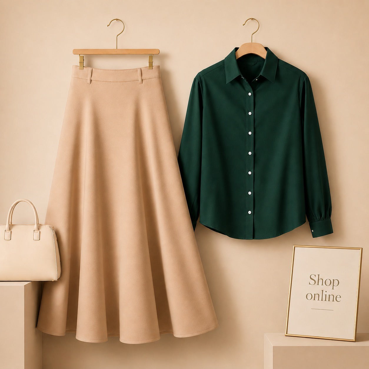 BOTTLE GREEN BUTTON DOWN WITH BEIGE SKIRT (Twill)