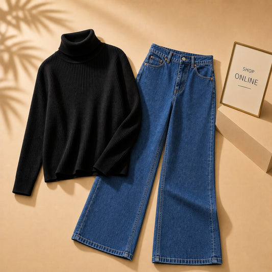 BLACK HIGH NECK WITH DARK BLUE WIDE LEG JEANS