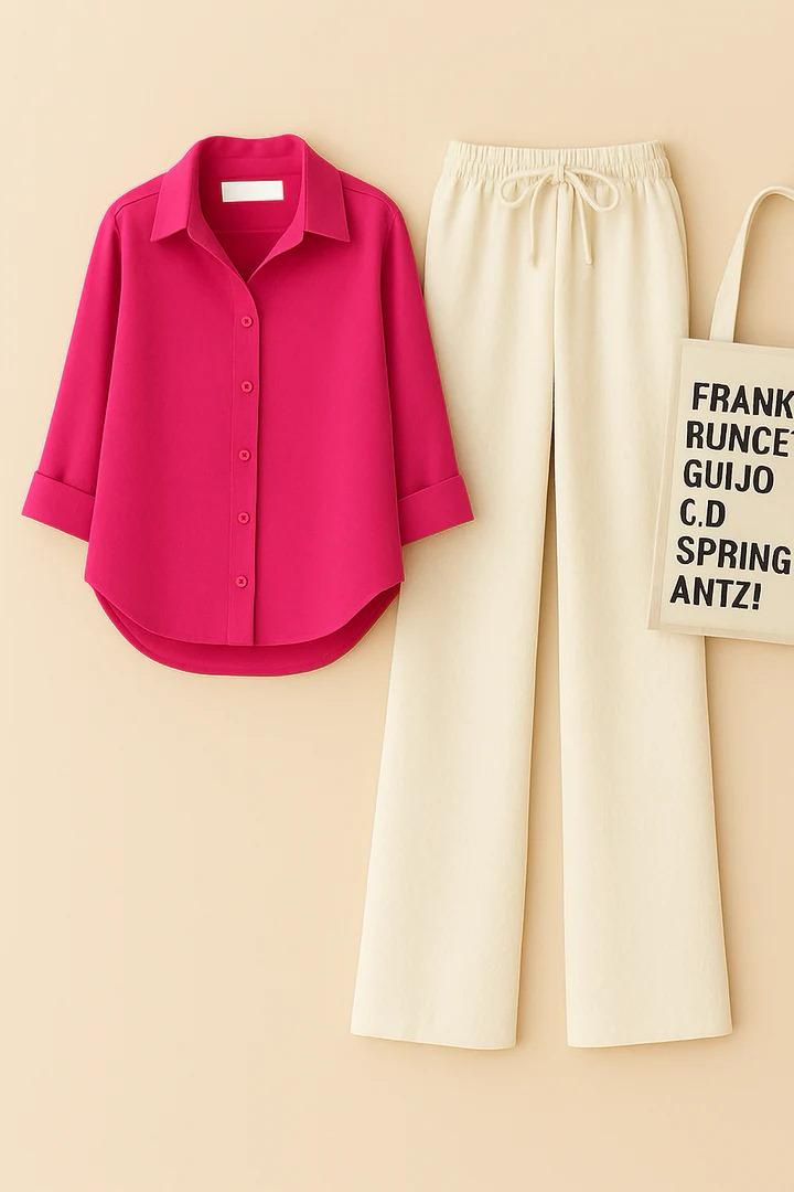 HOT PINK BUTTON DOWN SHIRT WITH BEIGE FLAPPER