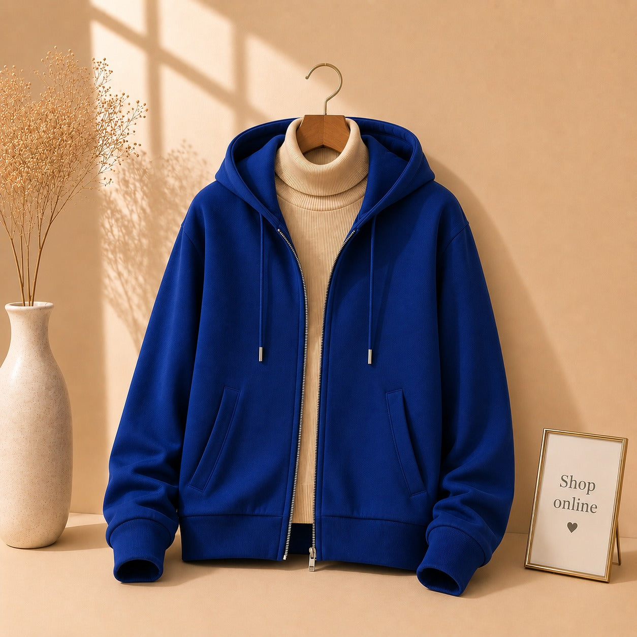 ROYAL BLUE ZIPPER HOODIE WITH BEIGE HINECK
