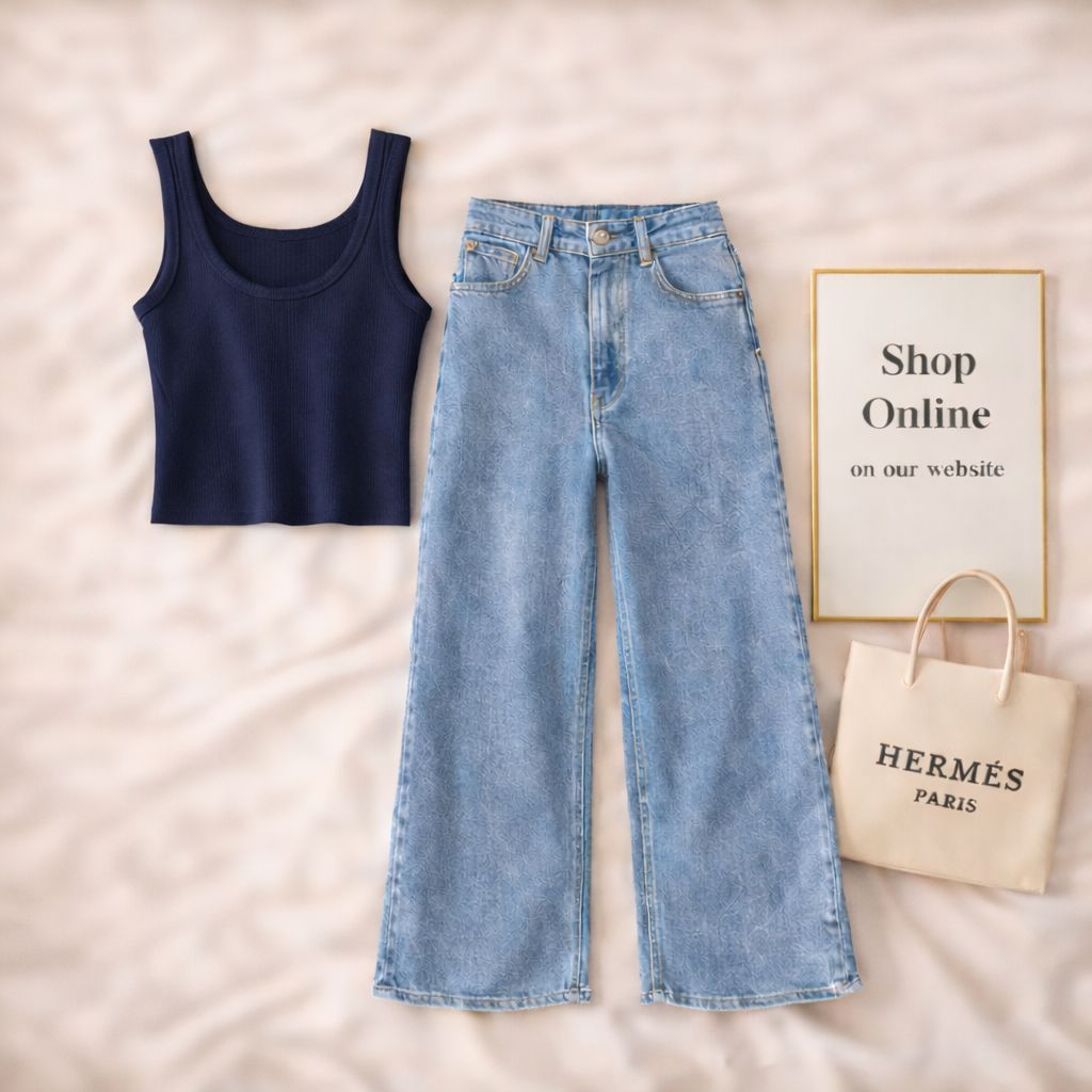NAVY BLUE TANKTOP WITH SKY BLUE WIDE LEG JEANS