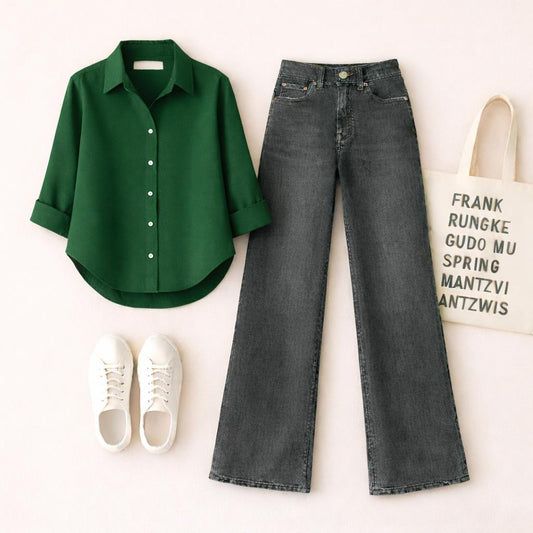 BOTTLE GREEN BUTTON SHIRT WITH MALAYSIAN BLACK WIDE LEG JEANS