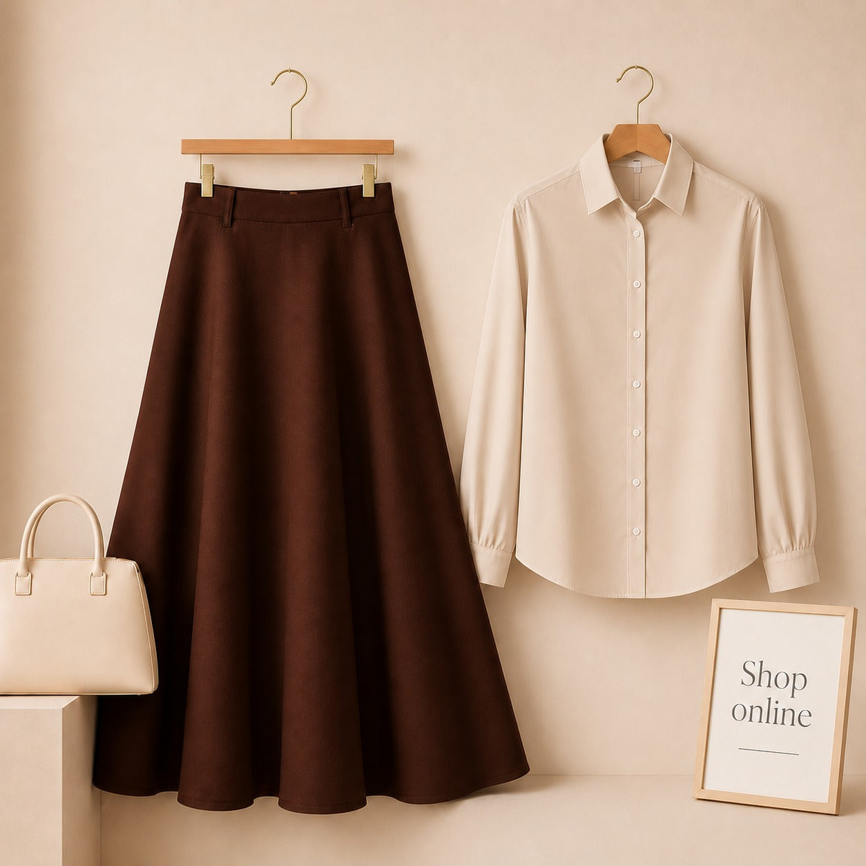 BEIGE BUTTON DOWN WITH BROWN SKIRT (Twill)
