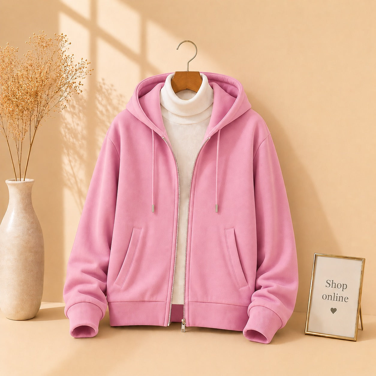 PINK ZIPPER HOODIE WITH WHITE HINECK