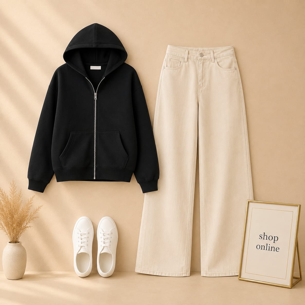 BLACK ZIPPER HOODIE WITH BEIGE WIDE LEG JEANS