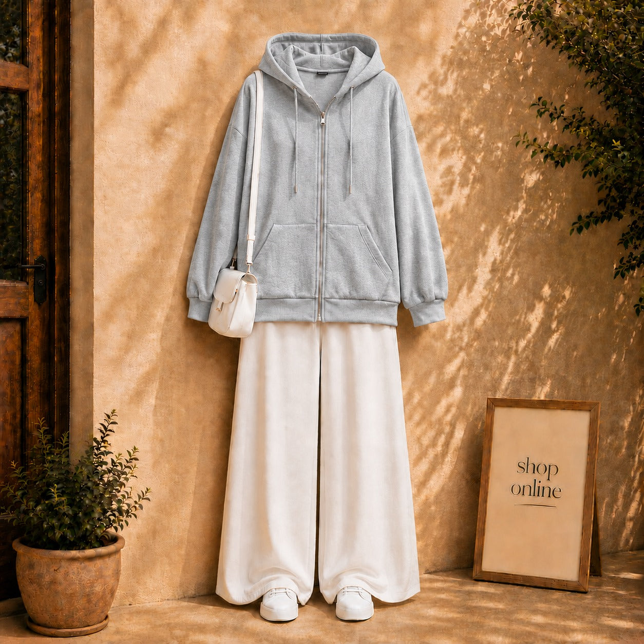 GREY ZIPPER HOODIE WITH WHITE FLAPPER