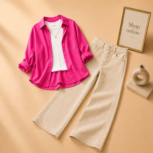 HOT PINK BUTTON SHIRT WITH WHITE TANKTOP AND BEIGE WIDE LEG JEANS (3PCS)