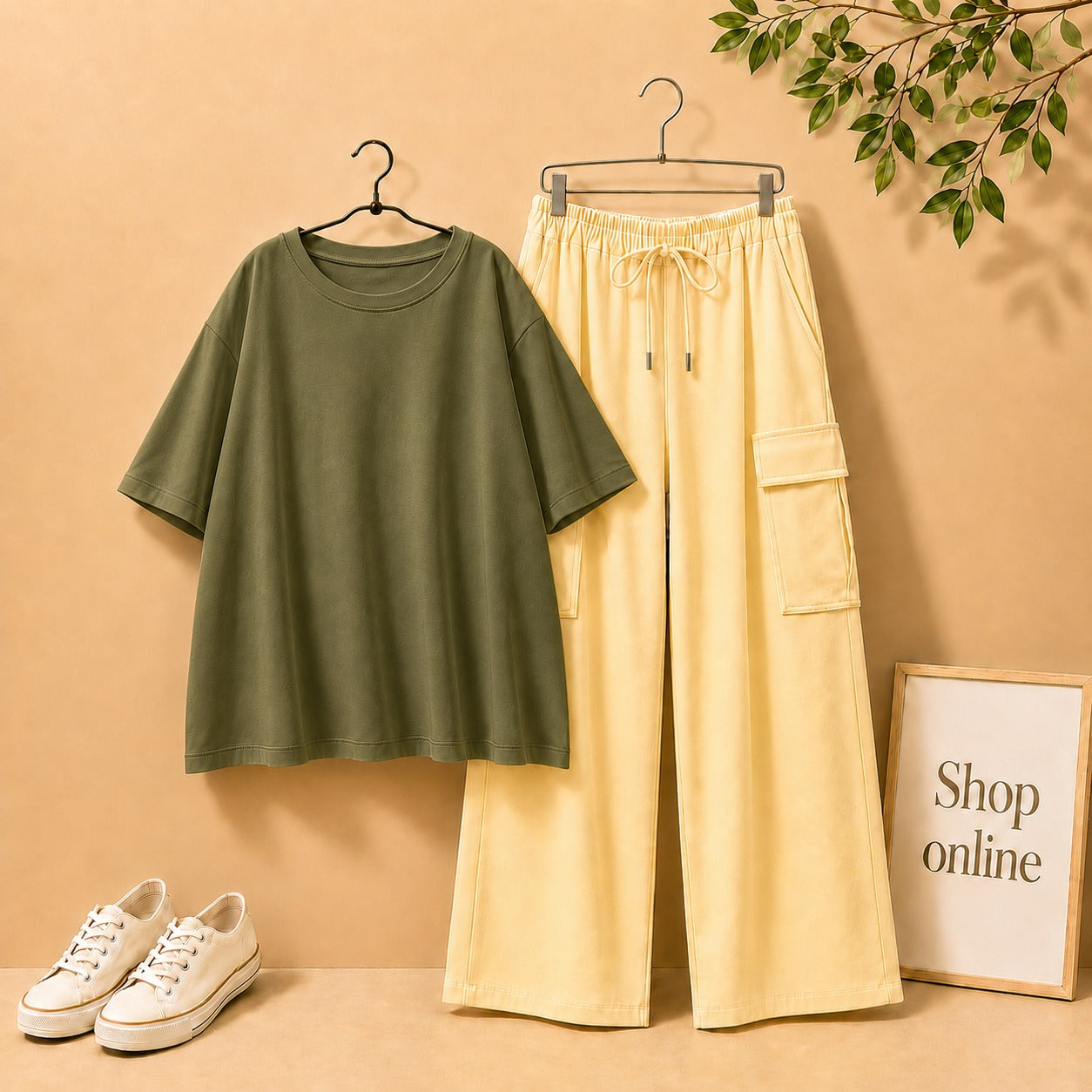 OLIVE GREEN DROP SHOULDER WITH BEIGE CARGO TROUSER