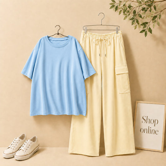 SKY BLUE DROP SHOULDER WITH BEIGE CARGO TROUSER