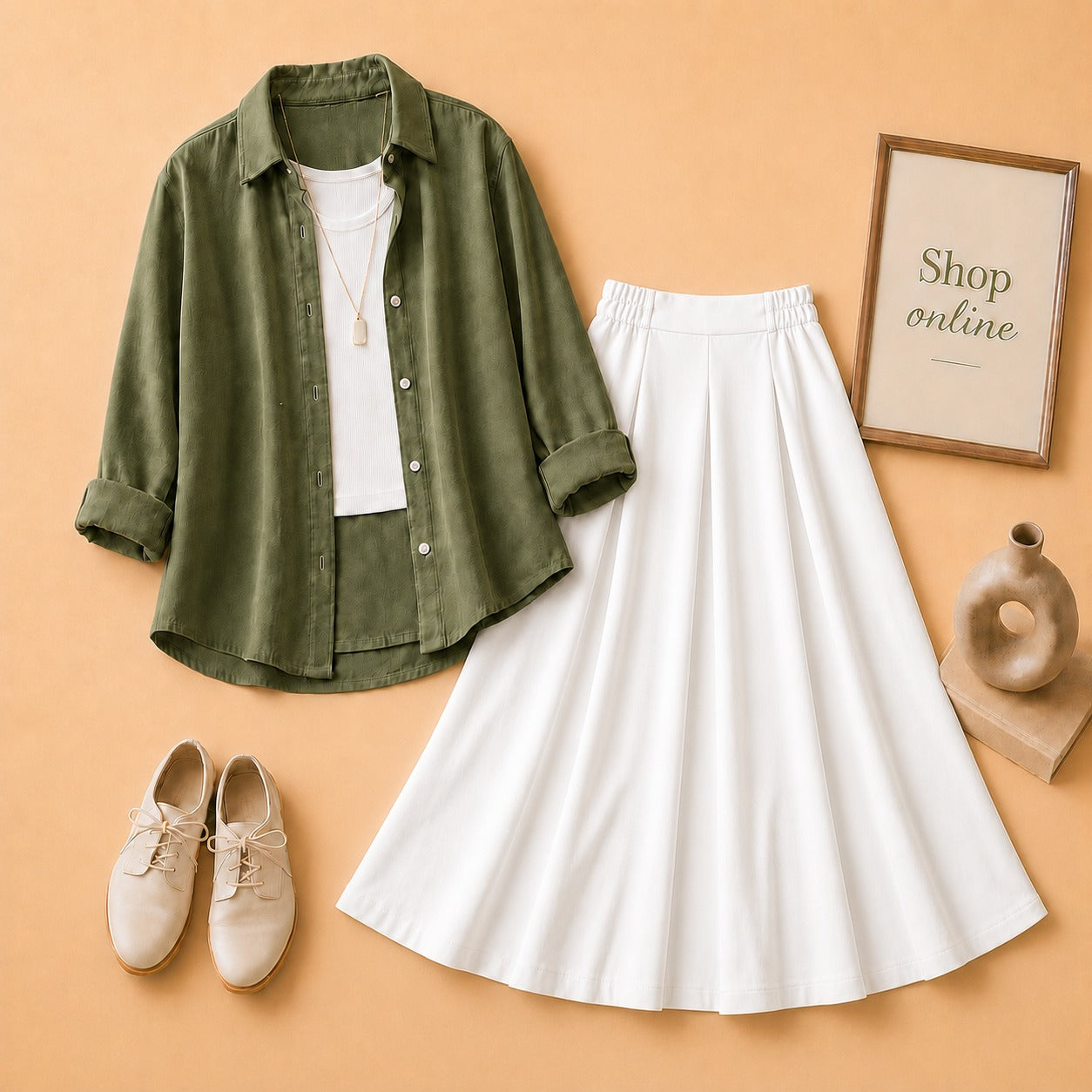 OLIVE GREEN BUTTON SHIRT WITH WHITE TANKTOP AND WHITE TWILL SKIRT