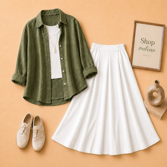 OLIVE GREEN BUTTON SHIRT WITH WHITE TANKTOP AND WHITE TWILL SKIRT