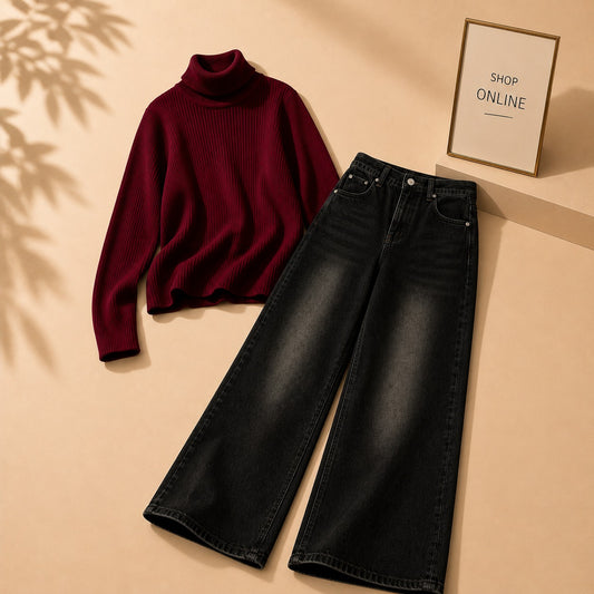 MAROON HIGH NECK WITH DARKISH BLUE WIDE LEG JEANS
