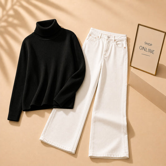 BLACK HIGH NECK WITH WHITE WIDE LEG JEANS