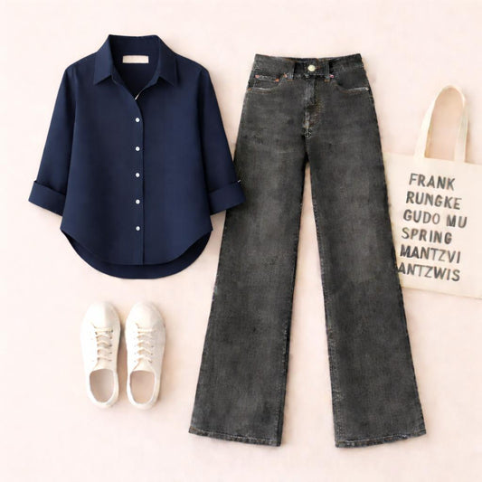 NAVY BLUE BUTTON SHIRT WITH MALAYSIAN BLACK WIDE LEG JEANS