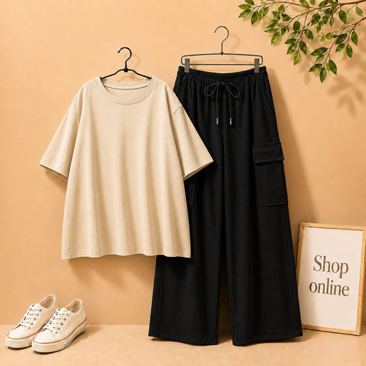 CREAM DROP SHOULDER WITH BLACK CARGO TROUSER