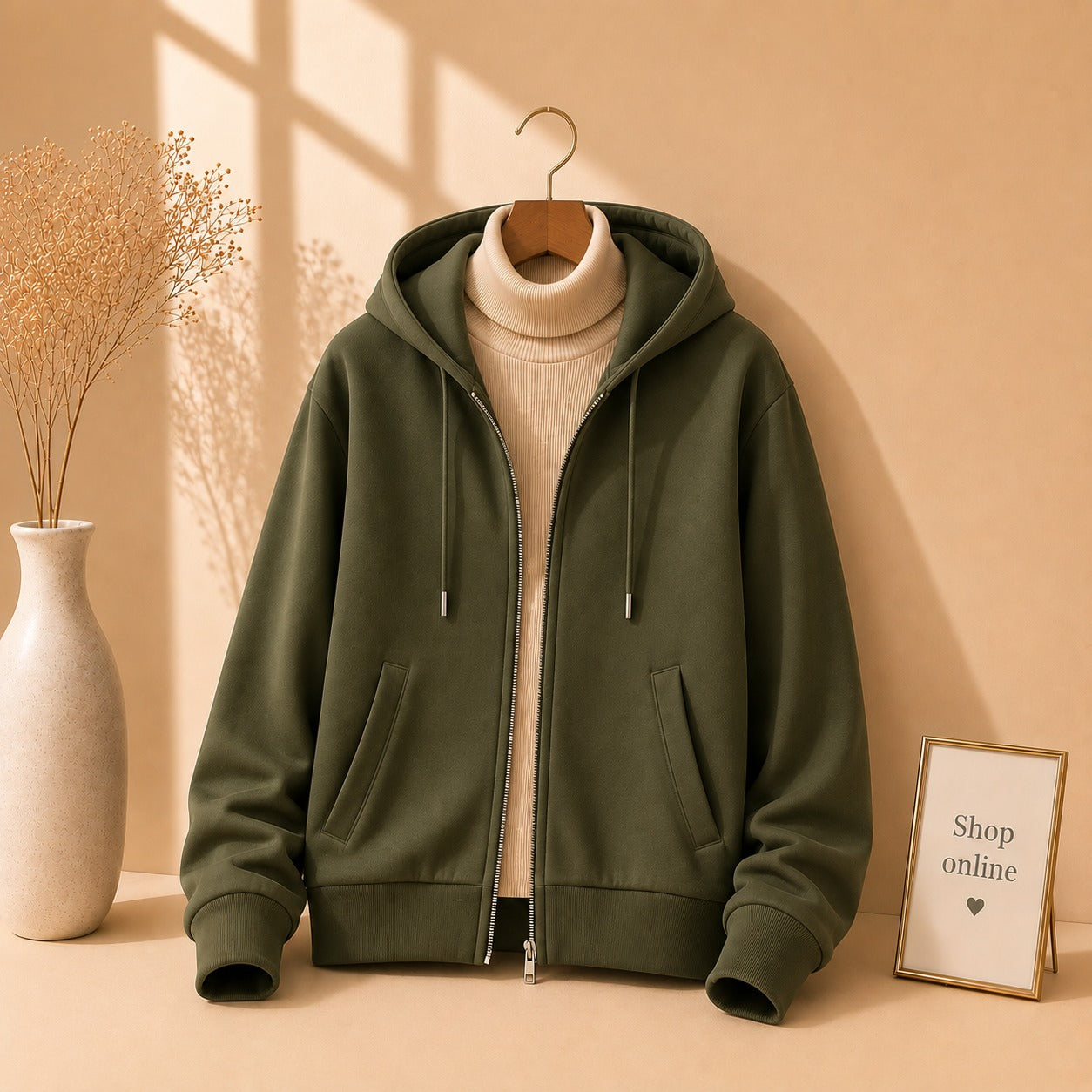 OLIVE GREEN ZIPPER HOODIE WITH BEIGE HINECK