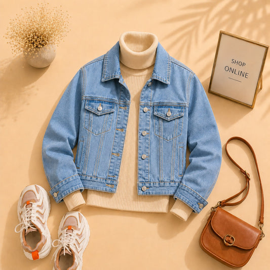 SKY BLUE DENIM JACKET WITH BEIGE HINECK
