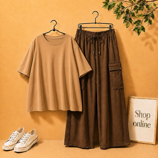 LIGHT BROWN DROP SHOULDER WITH BROWN  CARGO TROUSER