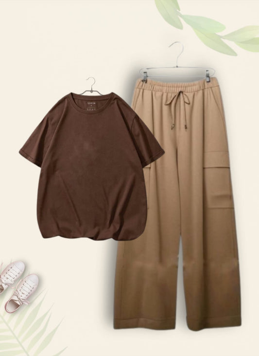 PLAIN DARK BROWN TSHIRT WITH BEIGE CARGO TROUSER