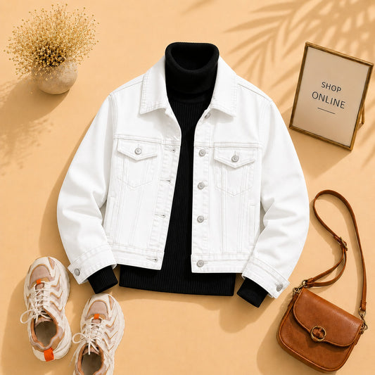 WHITE DENIM JACKET WITH BLACK HINECK