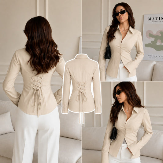 BEIGE FITTED BUTTON SHIRT ( CORSET BACK)
