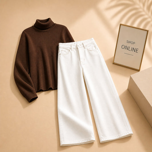 BROWN HIGH NECK WITH WHITE WIDE LEG JEANS
