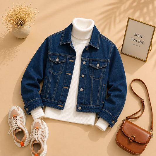 DARK BLUE DENIM JACKET WITH WHITE HINECK
