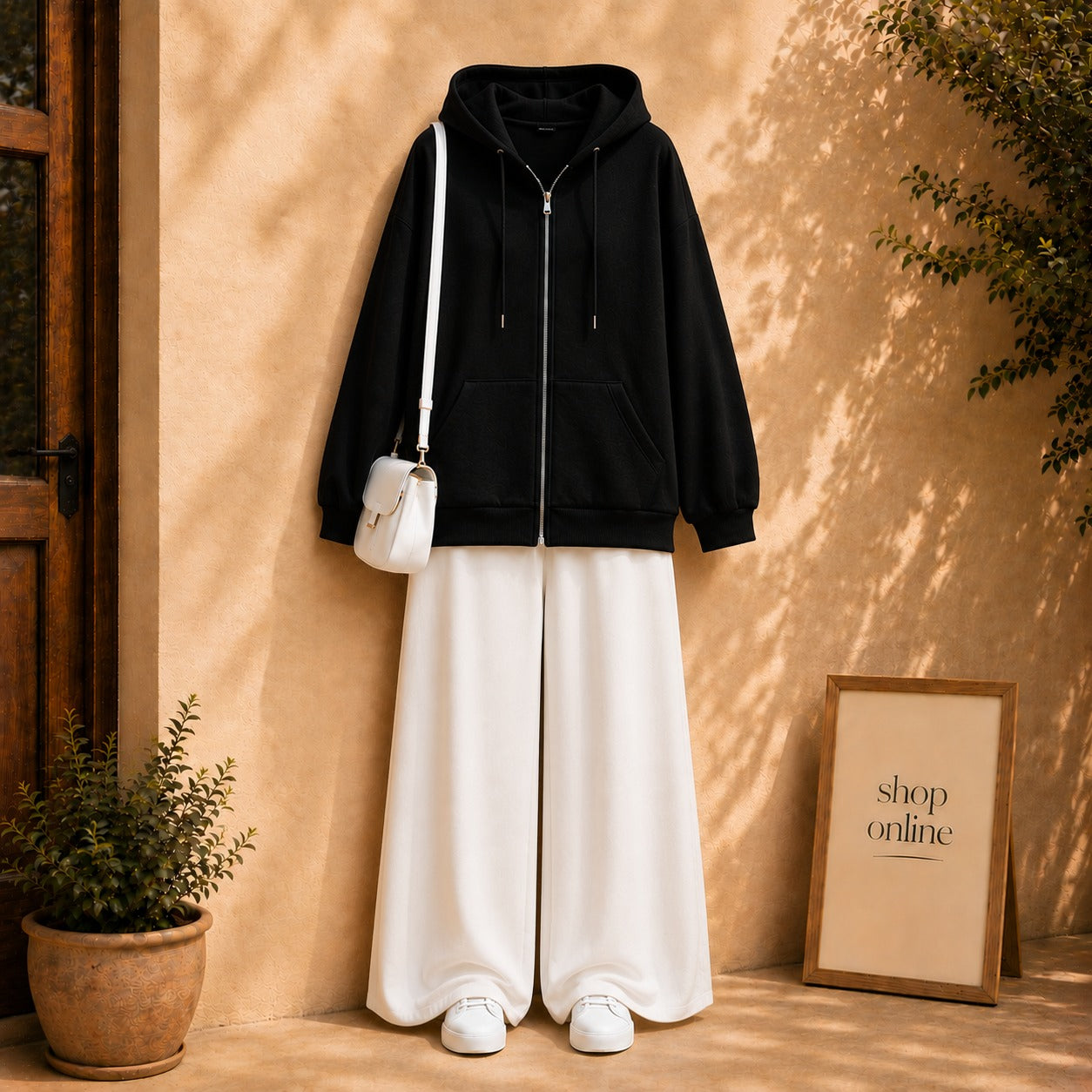 BLACK ZIPPER HOODIE WITH WHITE FLAPPER