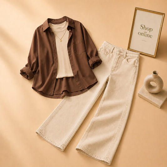 BROWN BUTTON SHIRT WITH BEIGE TANKTOP AND BEIGE WIDE LEG JEANS (3PCS)
