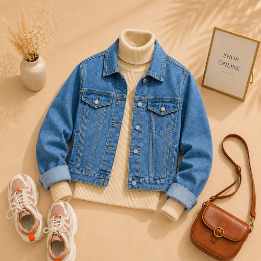 MID BLUE DENIM JACKET WITH BEIGE HINECK