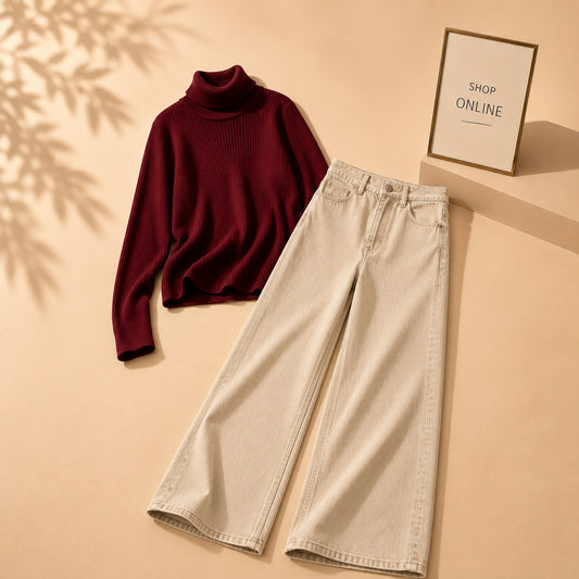 MAROON HIGH NECK WITH BEIGE WIDE LEG JEANS