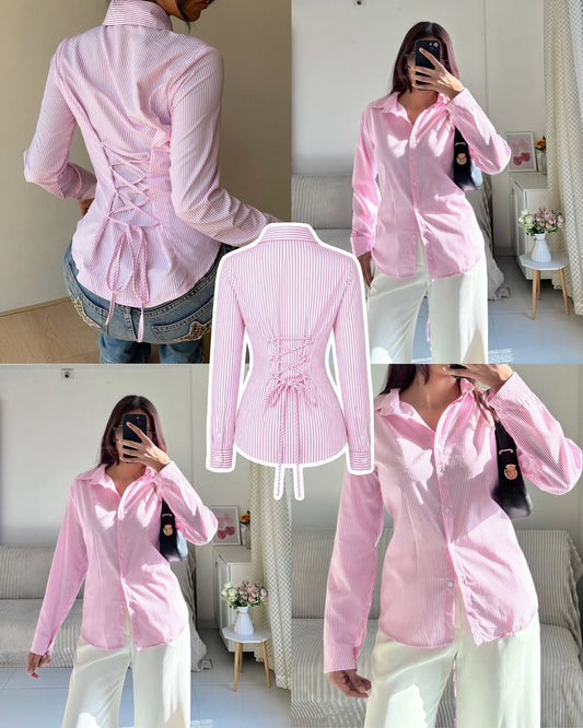 PINK FITTED STRIPED BUTTON SHIRT ( CORSET BACK)