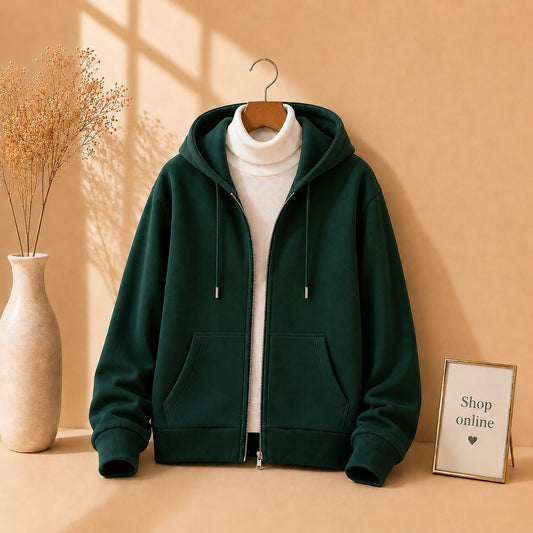 BOTTLE GREEN ZIPPER HOODIE WITH WHITE HINECK