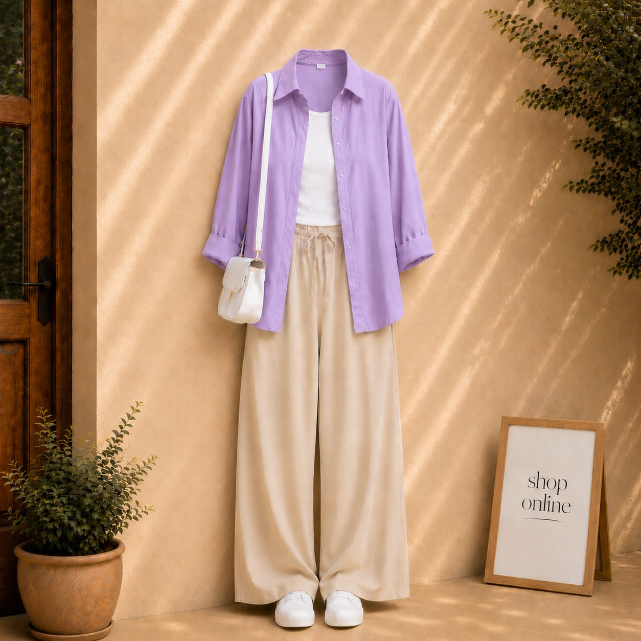 LILAC BUTTON SHIRT WITH WHITE TANKTOP AND BEIGE FLAPPER