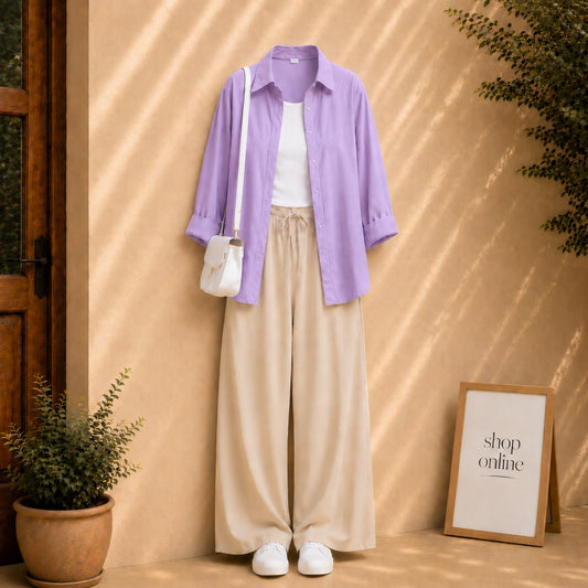 LILAC BUTTON SHIRT WITH WHITE TANKTOP AND BEIGE FLAPPER
