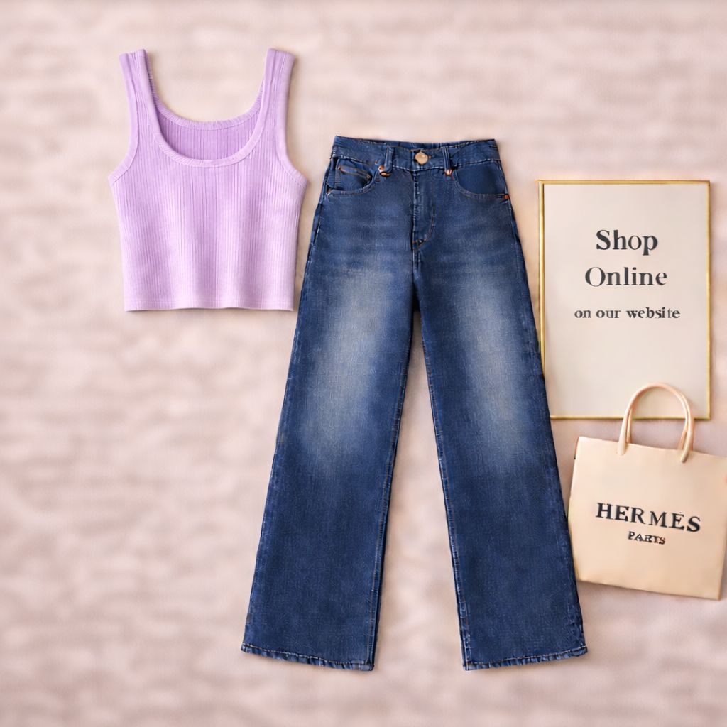 LILAC TANKTOP WITH DARK BLUE WIDE LEG JEANS
