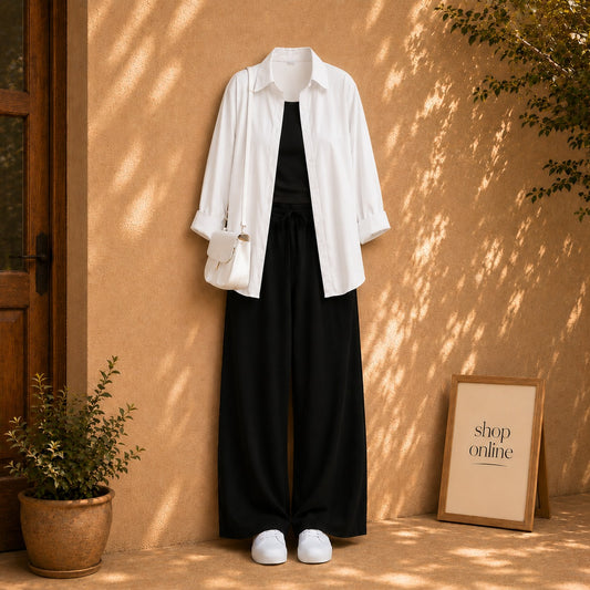 WHITE BUTTON SHIRT WITH BLACK TANKTOP AND BLACK FLAPPER